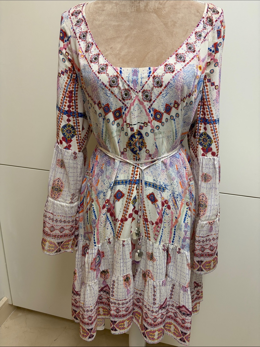 Camilla Multi-Color Printed Long Sleeve Bell-Sleeve Dress